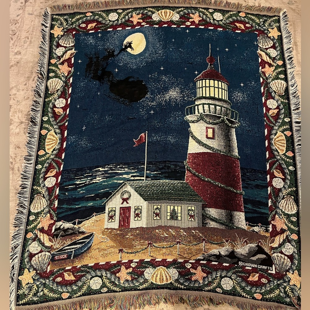 Crown Crafts Tapestry Throw Blanket Christmas St. Nick Lighthouse Sleigh